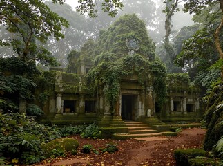 Ancient Temple Overgrown by Vegetation in a Misty Forest