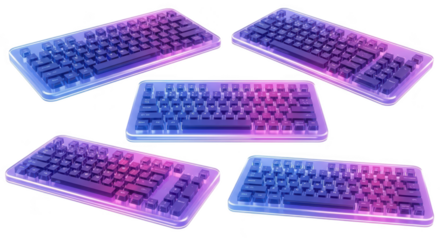 Neon-lit keyboards arranged in a circular pattern on a clean white background representing technology gaming and design