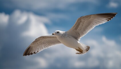 Fototapeta premium A seagull in flight against a partly cloudy sky