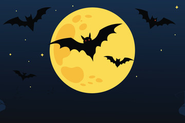  bats flying around a bright full moon in the night sky with stars, halloween theme vector illustration