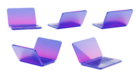 Neon laptops showcasing diverse perspectives on a clean white surface used for tech presentations & graphic design