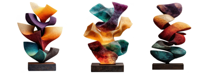 Three abstract colorful glass sculptures with organic flowing shapes on dark bases isolated on transparent background