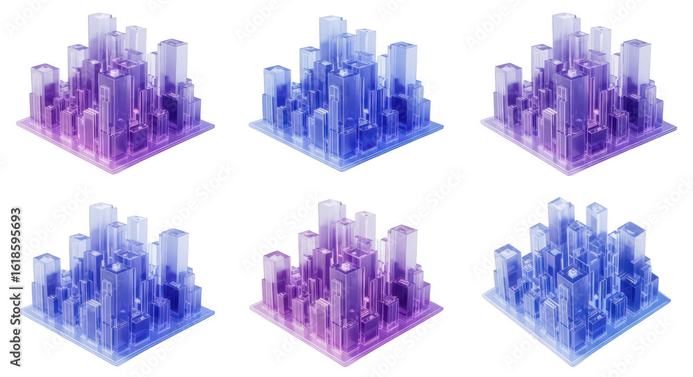 Poster isometric translucent skyscrapers on white background various angles illustrating data networks or a