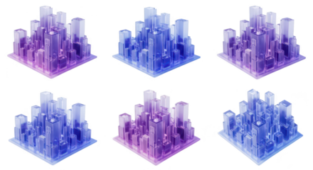 Isometric translucent skyscrapers on white background various angles illustrating data networks or architectural design concepts