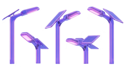 Purple futuristic solar-powered streetlights illuminate set against a clean white background suitable for sustainable energy concepts