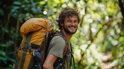 Fototapeta premium A man hiking in a lush green forest, carrying a large yellow backpack.