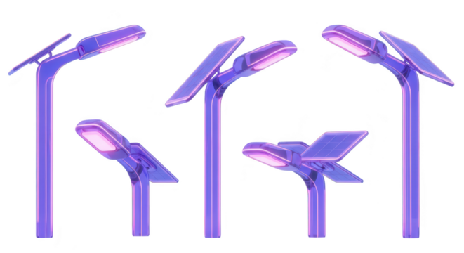 Purple futuristic solar-powered streetlights illuminate set against a clean white background suitable for sustainable energy concepts