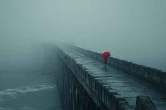 A person walking on a pier in the fog
