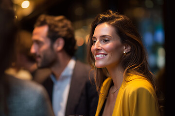 Happy young woman in yellow blazer enjoying a social gathering with friends in a cozy, warmly lit setting