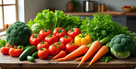 A rustic wooden kitchen table filled with fresh organic vegetables 