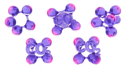3D rendered translucent purple molecular models of various chemical compounds on a white background for science education or research