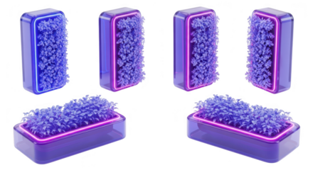 Futuristic plant boxes with neon frames arranged showcasing urban interior design on a clean white backdrop for digital art