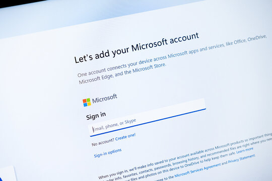 Poznan, Poland - July 20, 2025: Microsoft account sign-in page displayed on a screen, prompting users to connect their digital identity to various Microsoft services and applications