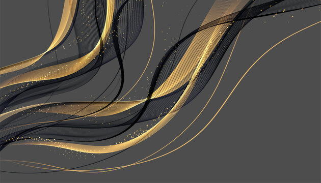 Elegant black and gold abstract flowing lines with glitter accents