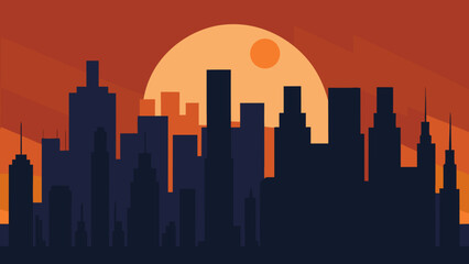 Observe the city sky with a full moon rising as the sun sets