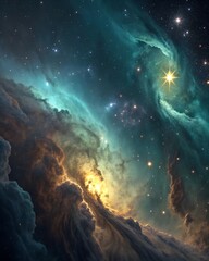 Obraz premium Colorful cosmic clouds glow brightly in a vast nebula, with brilliant stars shining through the swirling dust and gas of space.