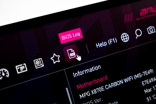 Poznan, Poland - July 20, 2025: MSI computer screen displaying a BIOS Log and motherboard information, with a cursor selecting a digital icon for system diagnostics