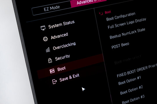 Poznan, Poland - July 20, 2025: Computer display showing the BIOSUEFI Boot menu for crucial system configuration, hardware settings, and advanced technical control