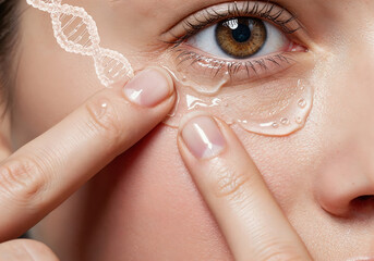 Close-up of eye patch application under female eye with salmon DNA skin serum, emphasizing rejuvenation and biotech skincare