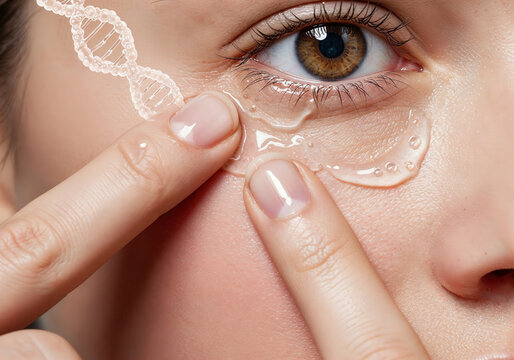 Close-up of eye patch application under female eye with salmon DNA skin serum, emphasizing rejuvenation and biotech skincare - Powered by Adobe