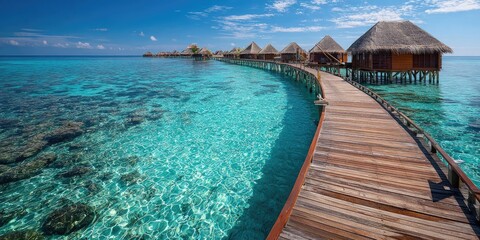 Fototapeta premium Turquoise water, wooden walkway, overwater bungalows