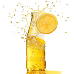 Refreshing Lemon Slice Splashing Above Soda Bottle on Yellow Background