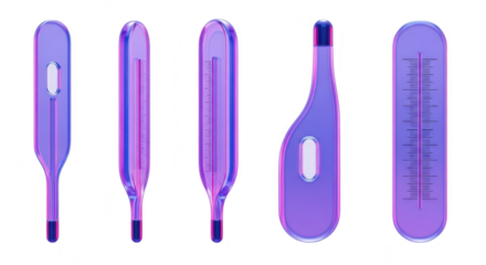 Rendered 3D set of digital and glass medical thermometers on a white surface demonstrating temperature measurement for health & wellness
