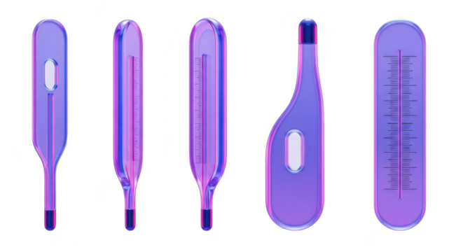 Rendered 3D set of digital and glass medical thermometers on a white surface demonstrating temperature measurement for health & wellness