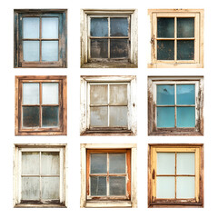 Varied Weathered Old Windows Displaying Various Styles and Charm