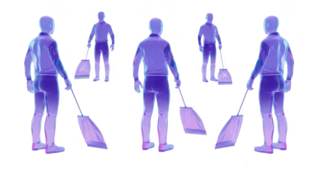 Transparent figures sweeping performing a task in unison set against a plain white backdrop for conceptual illustrations