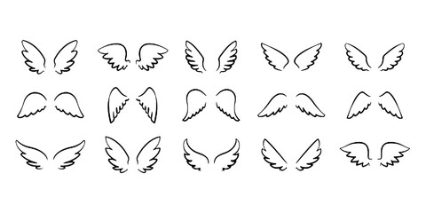 Set of wings icons. Wings icons. Bird wings, angel wings elements. Wing collection in different shape. Wings badges. Vector illustration