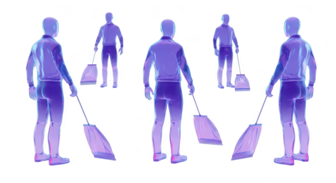 Transparent figures sweeping performing a task in unison set against a plain white backdrop for conceptual illustrations