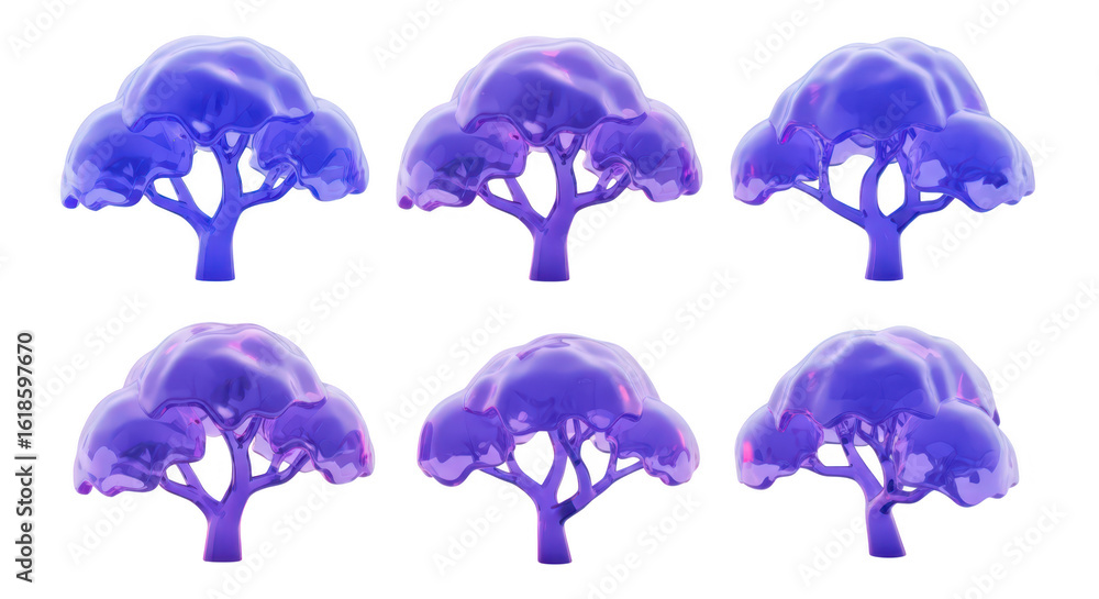 Poster 3d rendered violet fantasy trees isolated on white background for digital illustration design elemen