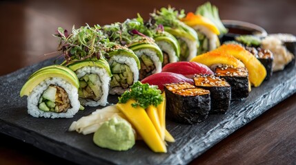 A plate of sui rolls with vegetables and sauce