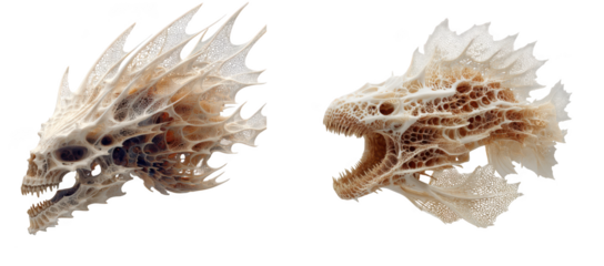 Two intricately detailed skeletal fish heads with sharp teeth and spiky fins isolated on transparent background