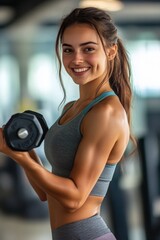 Fototapeta premium Joyful young woman engaged in dumbbell workout during cardio circuit training session