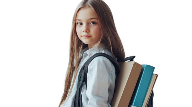 Young girl with backpack and books isolated on white background
