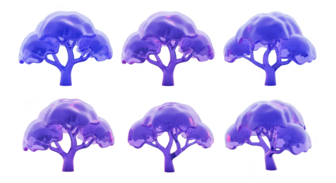 3D rendered violet fantasy trees isolated on white background for digital illustration design elements or website graphics