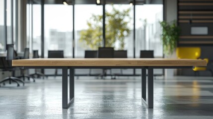 A modern, minimalist conference room with a wooden table and chairs, large windows, and a sleek, industrial design.