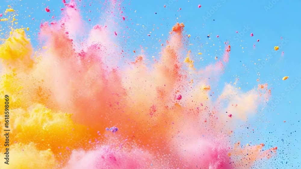 Aufkleber explosive color burst: a vibrant explosion of colorful powder particles erupts against a bright blue