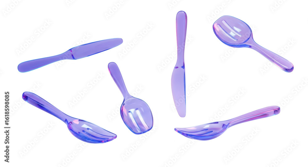 Poster set of transparent utensils floating in the air with a gradient color background great for modern fo