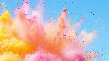 Explosive Color Burst: A vibrant explosion of colorful powder particles erupts against a bright blue backdrop, creating a dynamic and energetic visual effect. - Powered by Adobe