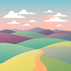 Obraz premium Pastel Abstract Landscape with Rolling Hills and Clouds