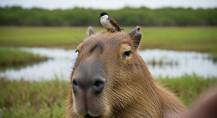 A small bird perches calmly on the head of a friendly capybara in a lush wetland environment.
