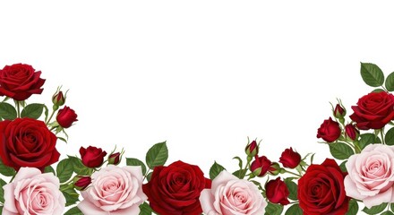 Beautiful red and pink roses border isolated on white background
