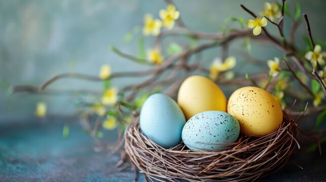 Easter eggs in a nest with yellow and blue eggs, surrounded by green branches and yellow flowers.