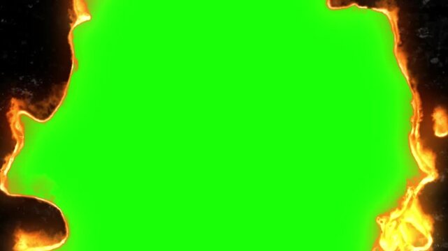 Burning Green Paper Transition with Fire on Black Background