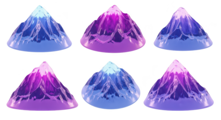 Six 3D-rendered colorful stylized mountain illustrations with snow caps isolated on white ideal for graphic design or educational materials