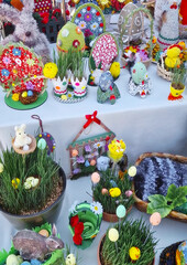 UNGHENI, MOLDOVA - APRIL 13, 2025 handmade Easter crafts, decorated eggs, stuffed bunnies, and paschal ornaments highlighting creativity and festive spirit at the spring holidays fair
