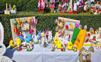 UNGHENI, MOLDOVA - APRIL 13, 2025 handmade Easter crafts, decorated eggs, stuffed bunnies, and paschal ornaments highlighting creativity and festive spirit at the spring holidays fair